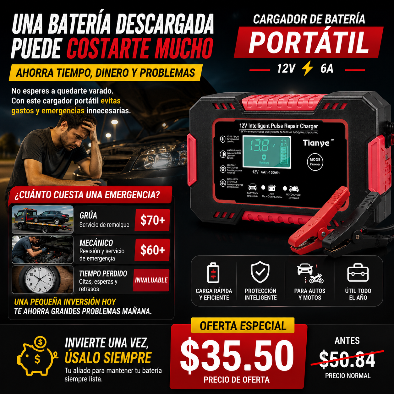 CARGADOR DE BATERÍA PARA CARRO Y MOTO